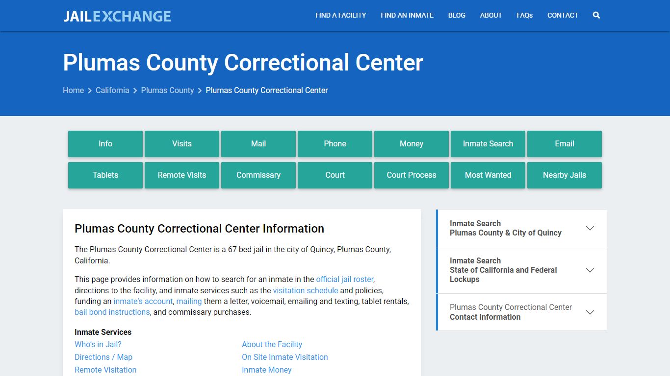 Plumas County Correctional Center, CA Inmate Search, Information